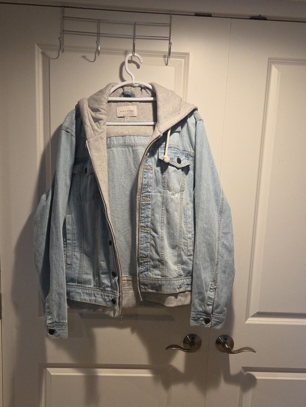 Sun & Stone Light Blue Denim Jacket with Gray Hooded Liner